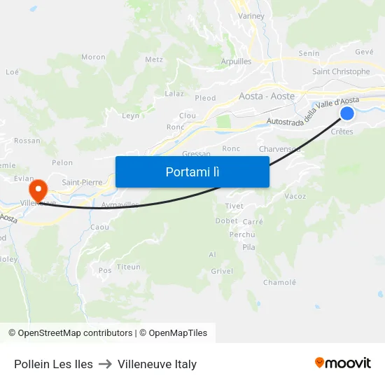 Pollein Les Iles to Villeneuve Italy map