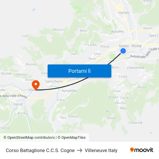 Corso Battaglione C.C.S. Cogne to Villeneuve Italy map