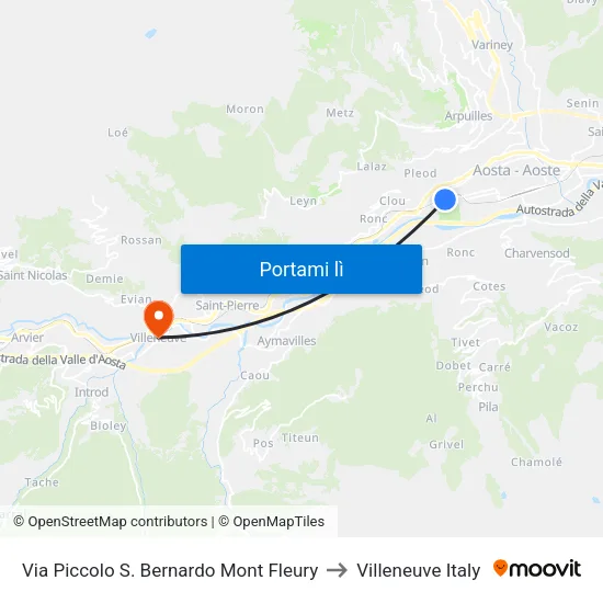 Via Piccolo S. Bernardo Mont Fleury to Villeneuve Italy map