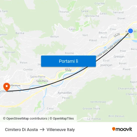 Cimitero Di Aosta to Villeneuve Italy map