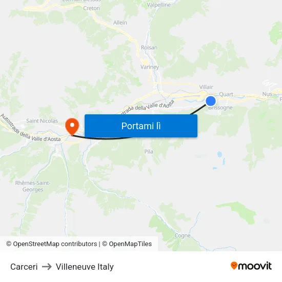 Carceri to Villeneuve Italy map