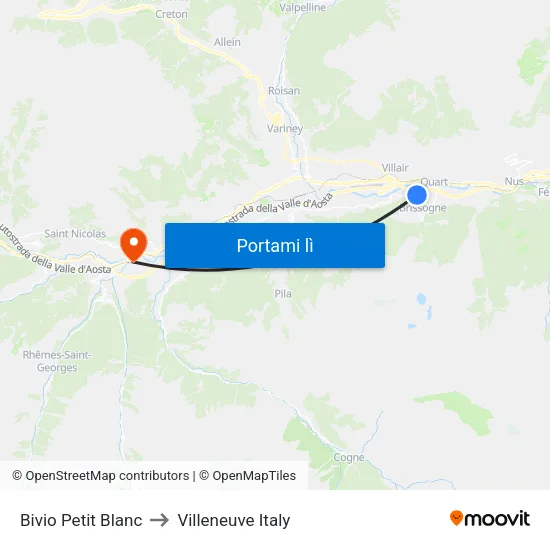 Bivio Petit Blanc to Villeneuve Italy map