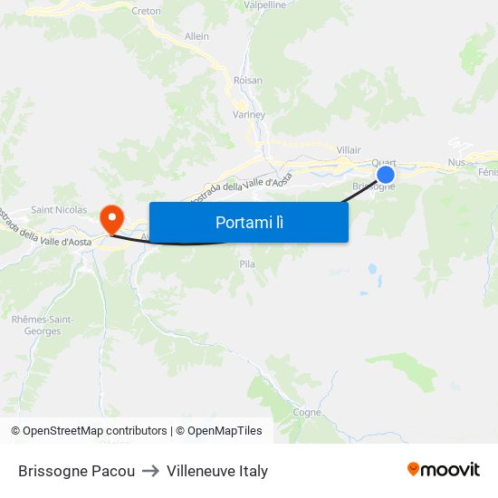 Brissogne Pacou to Villeneuve Italy map