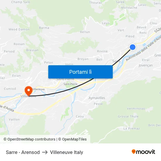 Sarre - Arensod to Villeneuve Italy map