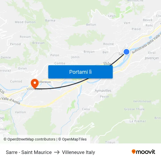 Sarre - Saint Maurice to Villeneuve Italy map
