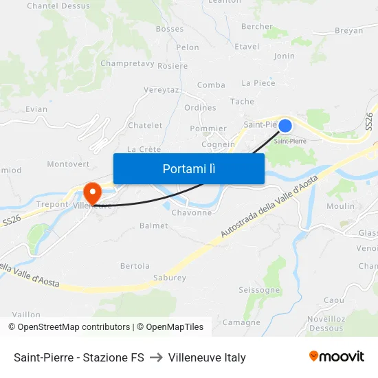 Saint-Pierre - Stazione FS to Villeneuve Italy map