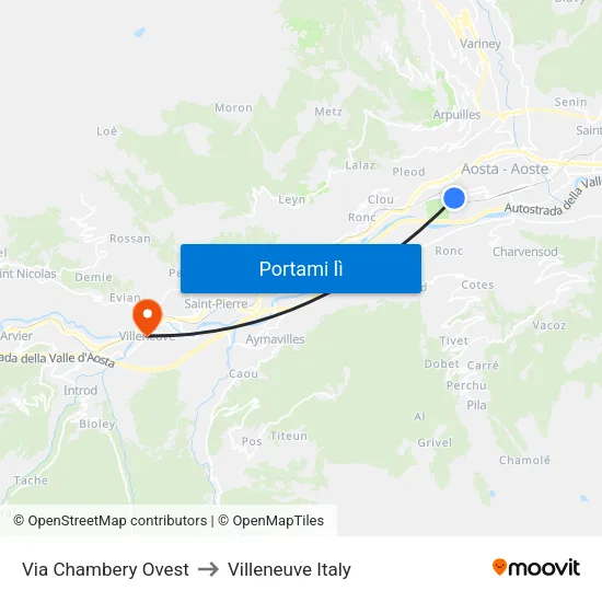 Via Chambery Ovest to Villeneuve Italy map
