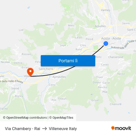 Via Chambery - Rai to Villeneuve Italy map