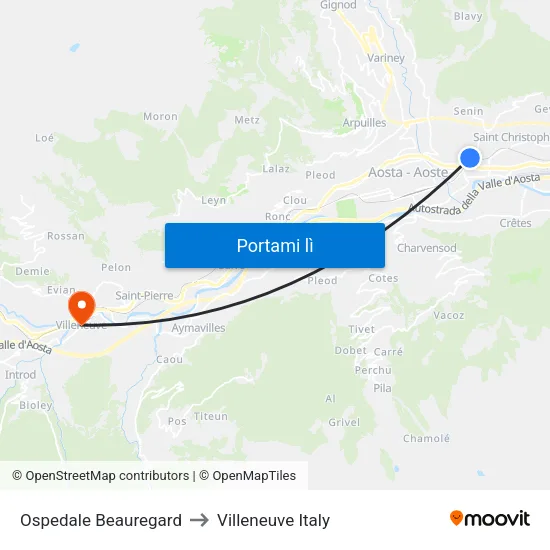 Ospedale Beauregard to Villeneuve Italy map