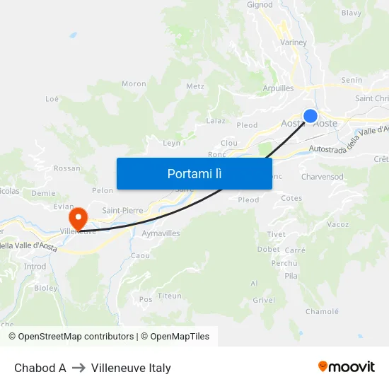 Chabod A to Villeneuve Italy map
