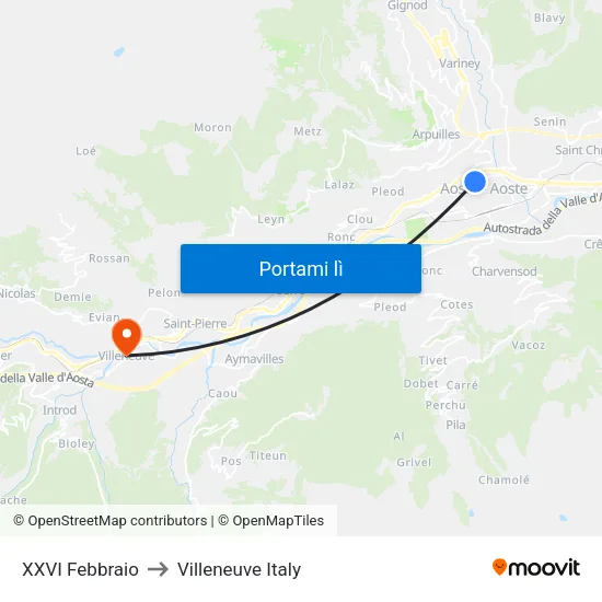 XXVI Febbraio to Villeneuve Italy map