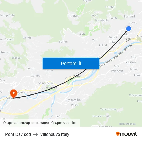 Pont Davisod to Villeneuve Italy map