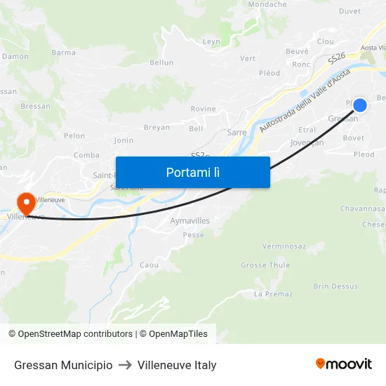 Gressan Municipio to Villeneuve Italy map