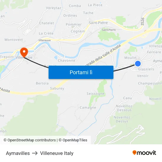Aymavilles to Villeneuve Italy map