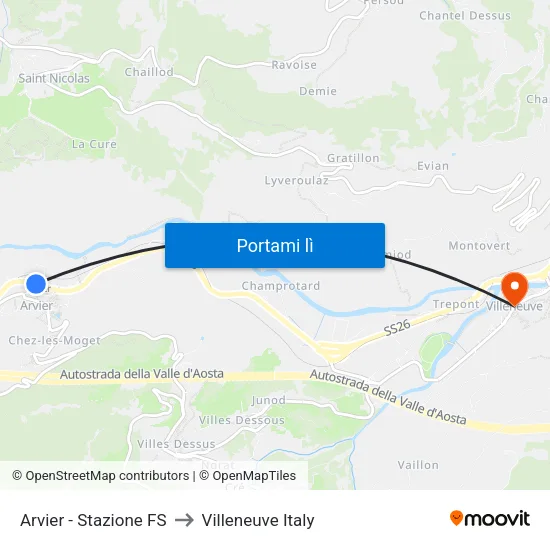 Arvier - Stazione FS to Villeneuve Italy map