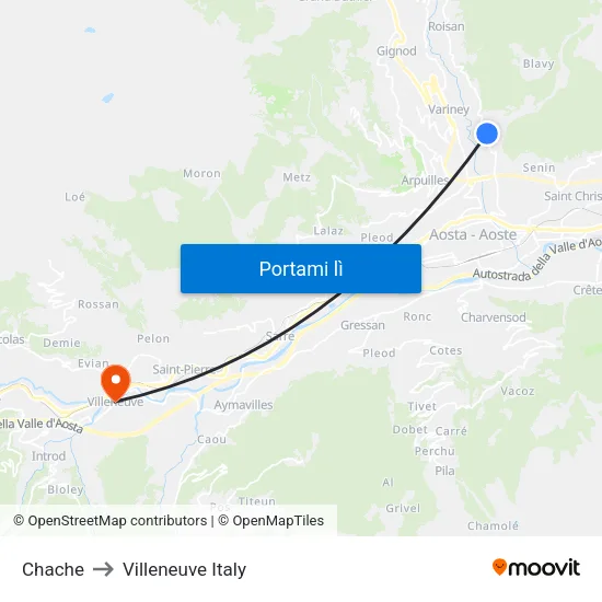 Chache to Villeneuve Italy map
