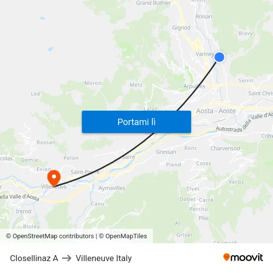 Closellinaz A to Villeneuve Italy map