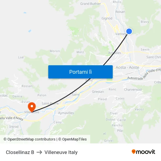 Closellinaz B to Villeneuve Italy map