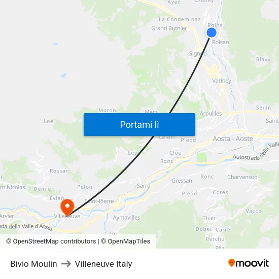 Bivio Moulin to Villeneuve Italy map