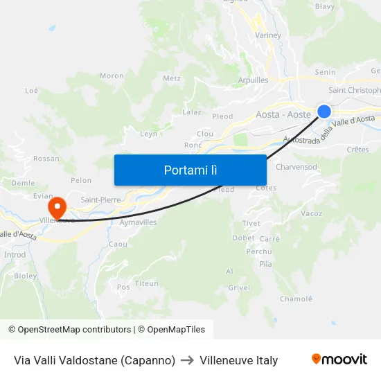 Via Valli Valdostane (Capanno) to Villeneuve Italy map