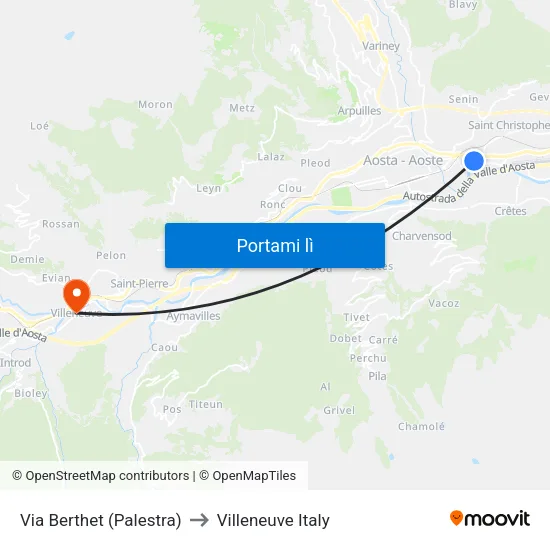 Via Berthet (Palestra) to Villeneuve Italy map