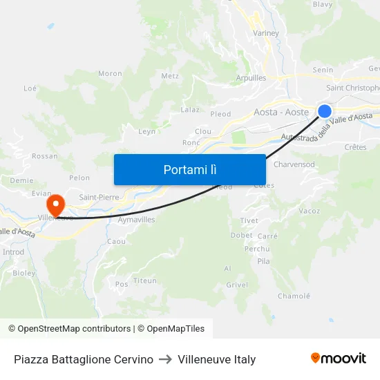Piazza Battaglione Cervino to Villeneuve Italy map