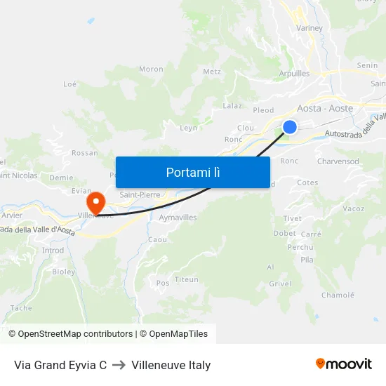 Via Grand Eyvia C to Villeneuve Italy map