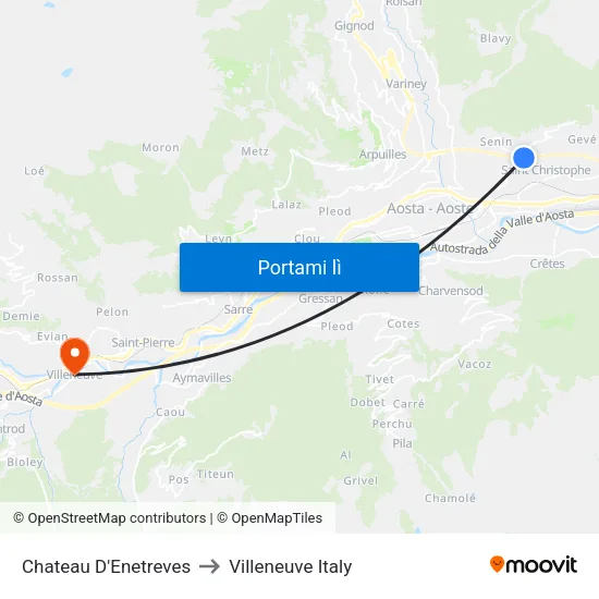 Chateau D'Enetreves to Villeneuve Italy map