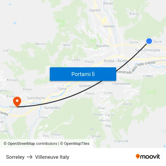 Sorreley to Villeneuve Italy map