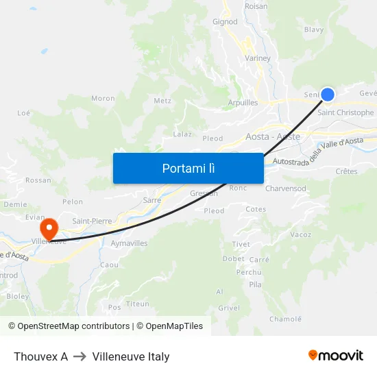 Thouvex A to Villeneuve Italy map