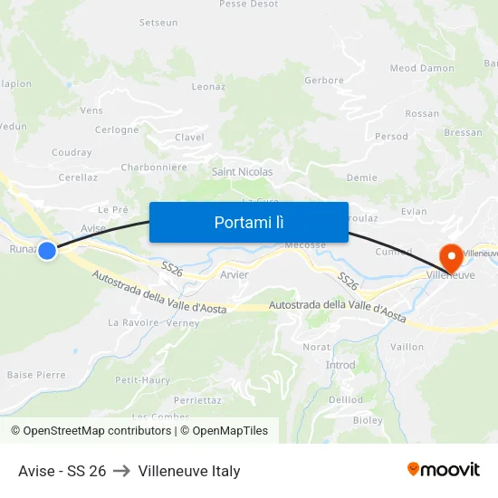 Avise - SS 26 to Villeneuve Italy map
