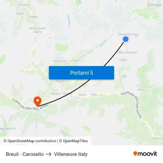 Carosello to Villeneuve Italy map