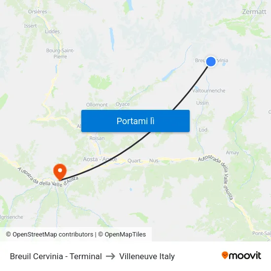 Breuil Cervinia - Terminal to Villeneuve Italy map