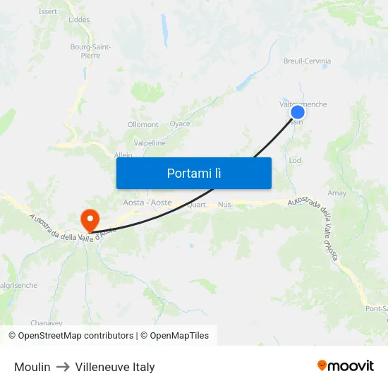 Moulin to Villeneuve Italy map