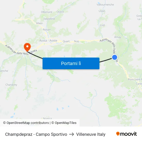 Champdepraz - Campo Sportivo to Villeneuve Italy map