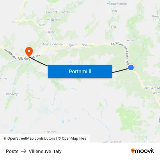 Vèrres Poste to Villeneuve Italy map