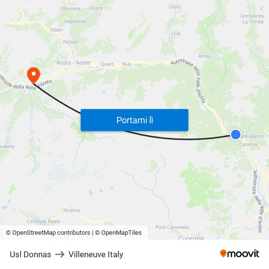 Usl Donnas to Villeneuve Italy map