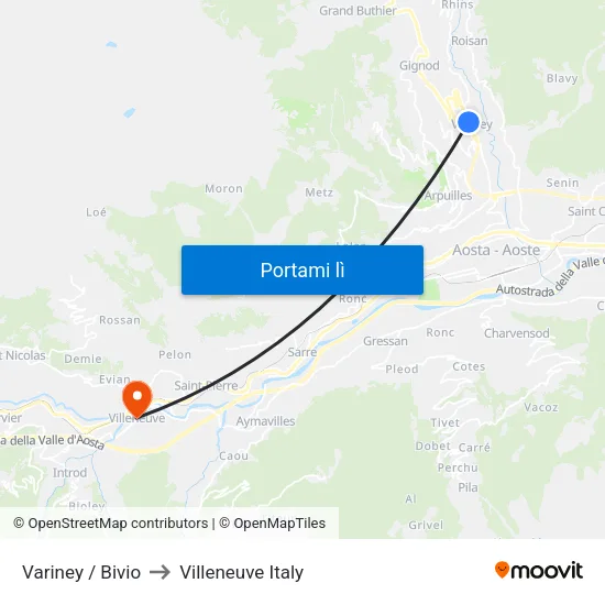 Variney / Bivio to Villeneuve Italy map