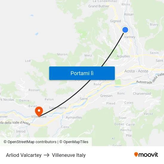 Arliod Valcartey to Villeneuve Italy map