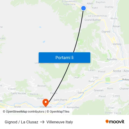 Gignod / La Clusaz to Villeneuve Italy map