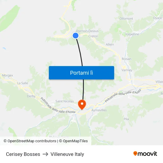 Cerisey Bosses to Villeneuve Italy map