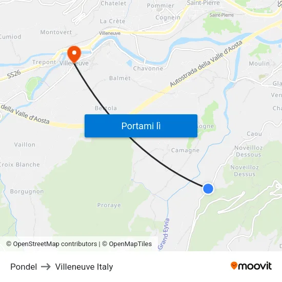 Pondel to Villeneuve Italy map