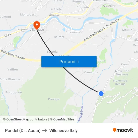 Pondel (Dir. Aosta) to Villeneuve Italy map