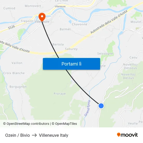 Ozein / Bivio to Villeneuve Italy map