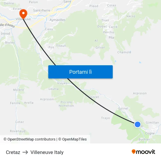 Cretaz to Villeneuve Italy map