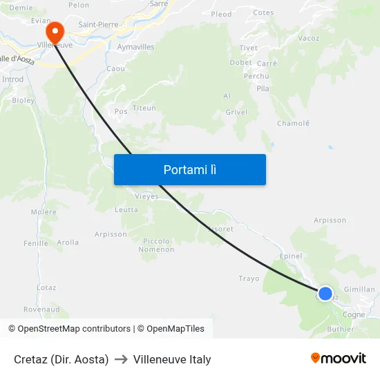 Cretaz (Dir. Aosta) to Villeneuve Italy map