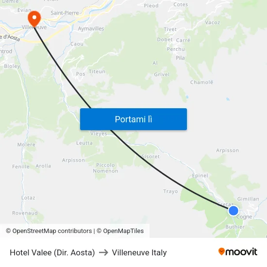 Hotel Valee (Dir. Aosta) to Villeneuve Italy map