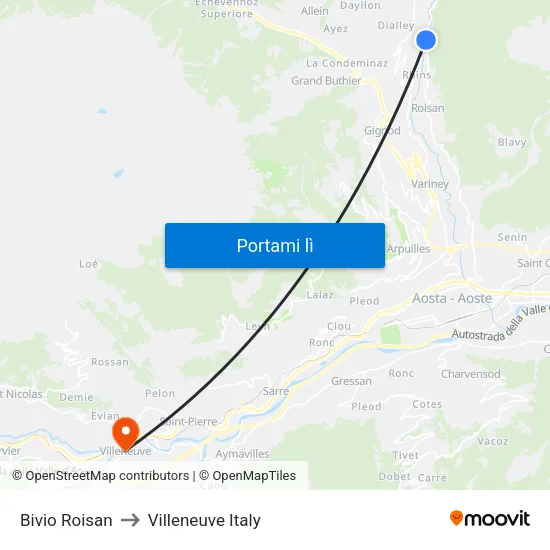 Bivio Roisan to Villeneuve Italy map