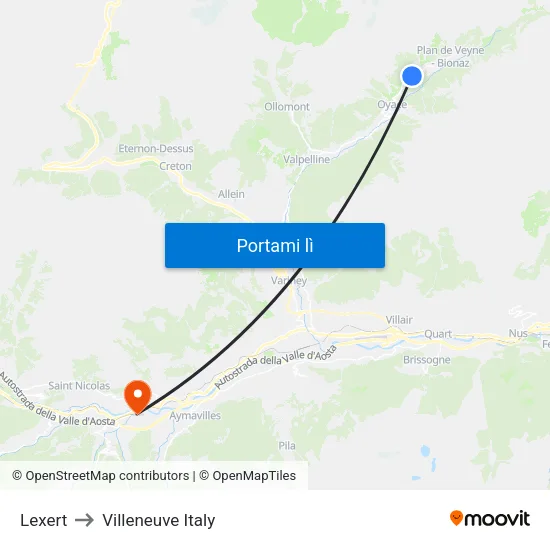 Lexert to Villeneuve Italy map