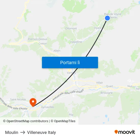 Moulin to Villeneuve Italy map
